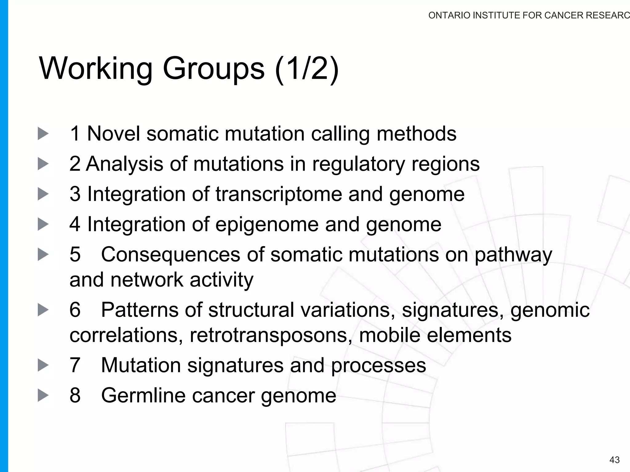 ONTARIO INSTITUTE FOR CANCER RESEARC
PanCancer Analysis of Whole Genomes
(PCAWG)
> 2,800 T/N pairs with clinical data from 20
tumour type of whole genome analysis.
Aligned with one standard pipeline.
Genomic Variants determined with 3
pipelines
17 working groups
Start writing papers now
 