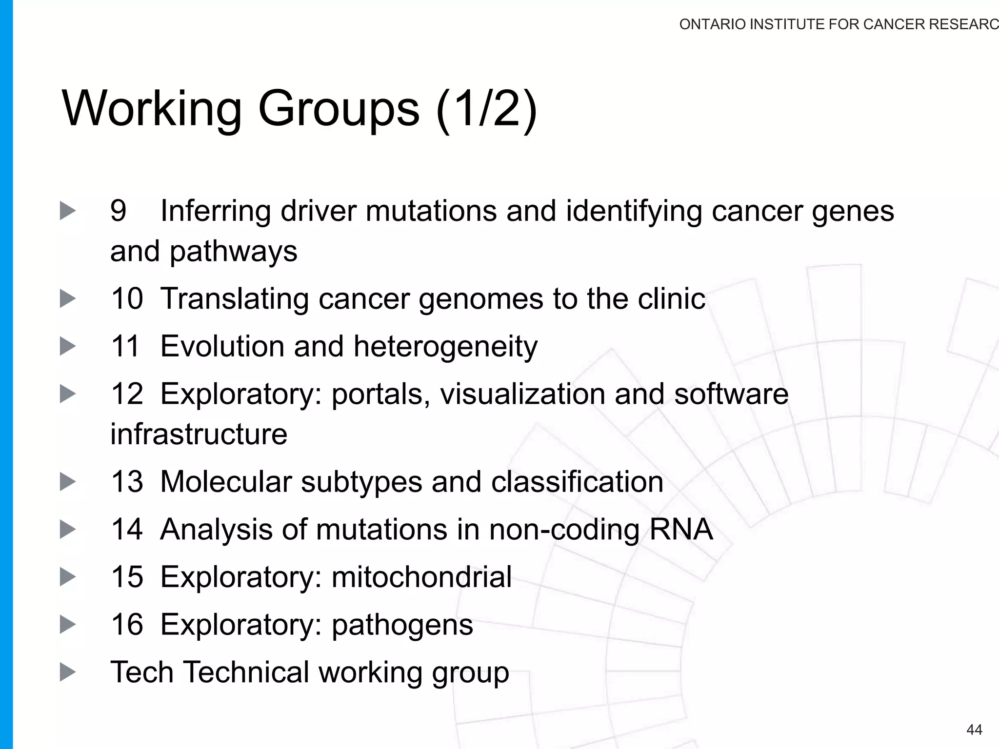 ONTARIO INSTITUTE FOR CANCER RESEARC
Deliverable for PCAWG will include:
44
1st PANCANCER analysis on > 2,800 cancer tumours
from a WGS perspective
RNA, SSM, CNV, Methylation analysis & germline
Published (executable) pipelines
Docker / Dockstore
Mutiple cloud access to data
Multiple portal access to data
 