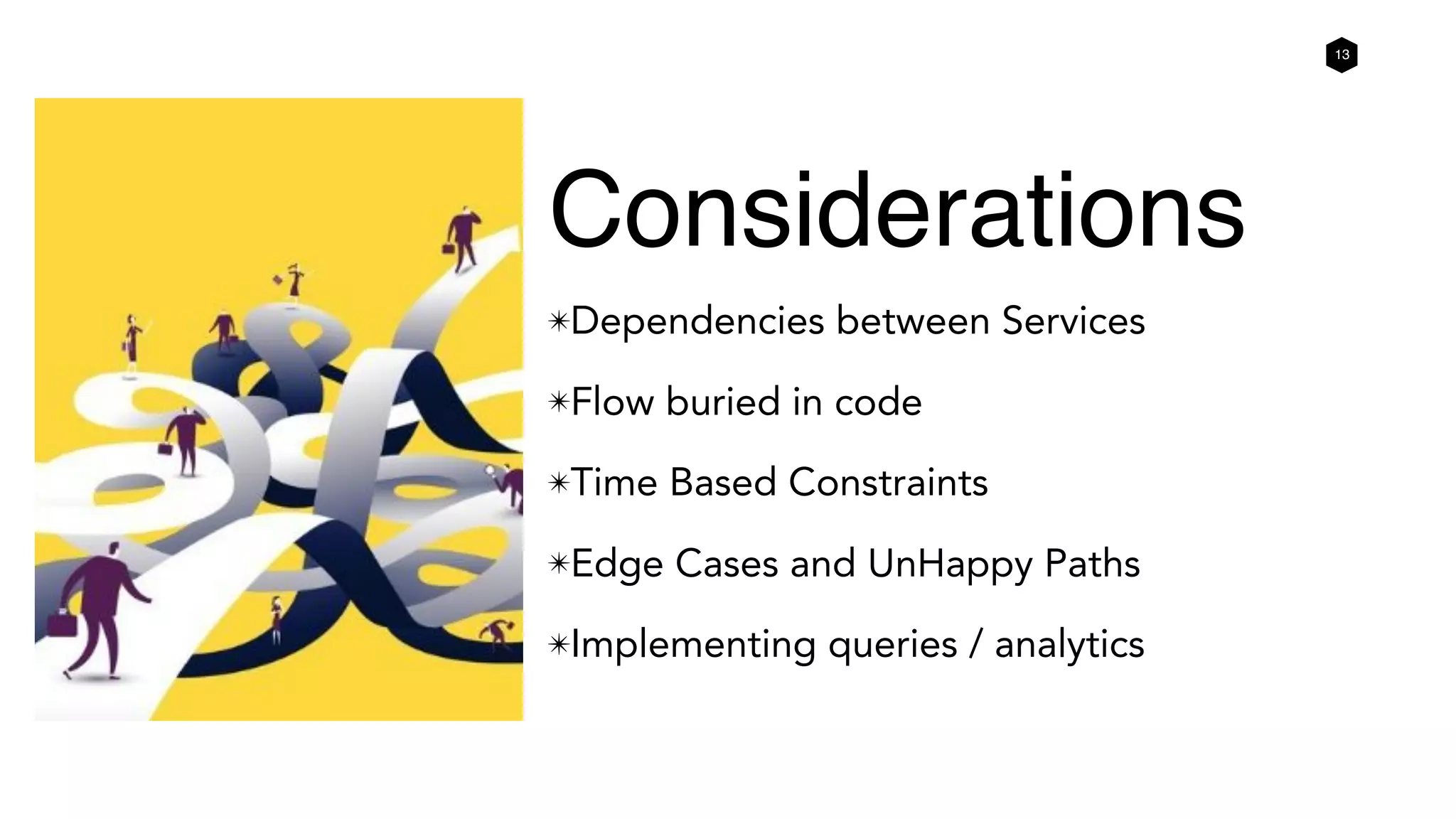 13
✴Dependencies between Services
✴Flow buried in code
✴Time Based Constraints
✴Edge Cases and UnHappy Paths
✴Implementing queries / analytics
Considerations