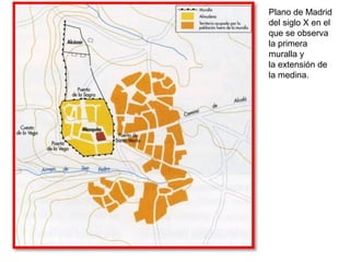 Plano de Madrid
del siglo X en el
que se observa
la primera
muralla y
la extensión de
la medina.
 