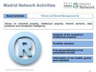 Copyright © 2013 Madrid Network All Rights Reserved.
Advice on industrial property, intellectual property, Internet domains, data
protection and competitive intelligence.
12
Basic Activities Patent and Brand Management (I)
Analysis of the company's
intellectual property
Portfolio valuation
Free personalisation of all
associated records
Information on tax credits, grants
and subsidies
Madrid Network Activities
 