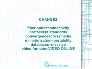 CHANGES
fiber optic=connectivity
protocols= standards
convergence=crossmedia
miniaturization=portability
databases=massive
video formats=VIDEO ONLINE
 