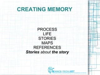 CREATING MEMORY
PROCESS
LIFE
STORIES
MAPS
REFERENCES
Stories about the story
 