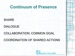 SHARE
DIALOGUE
COLLABORATION: COMMON GOAL
COORDINATION OF SHARED ACTIONS
Continuum of Presence
 