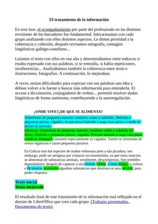 El tratamiento de la información
En esta fase, el acompañamiento por parte del profesorado en las distintas
revisiones de los borradores fue fundamental. Interactuamos con cada
grupo analizando con ellos distintos aspectos. Le dimos prioridad a la
coherencia y cohesión, después revisamos ortografía, contagios
lingüísticos gallego-castellano...
Leíamos el texto con ellos en voz alta y determinábamos entre todos/as si
estaba expresado con sus palabras, si se entendía, si había repeticiones,
incoherencias... Analizábamos también la coherencia entre texto e
ilustraciones, fotografías. A continuación, lo mejoraban.
A veces, tenían dificultades para expresar con sus palabras una idea y
debían volver a la fuente o buscar más información para entenderla. El
acceso a diccionarios, conjugadores de verbos... permitió resolver dudas
lingüísticas de forma autónoma, contribuyendo a la autorregulación.
¿ONDE VIVE?¿DE QUE SE ALIMENTA?
Aliméntase de pequenos insectos voadores como o cabaliño, libélulas e
pequenos peixes, cágados, os que pesca batendo a auga coas patas, e cando os
peixes se acercan.
(Mellora: Aliméntase de pequenos insectos voadores como o cabaliño do
demo, libélulas e pequenos peixes, cágados. Péscaos batendo a auga coas patas
cando se achegan) Gústanlle especialmente os cágados. Tamén se alimentan de
restos orgánicos e cazan pequenos paxaros.
En Galicia non hai especies de arañas velenosas pero a súa picadura, sen
embargo, pode ser perigosa por contaxio ou transmisión, xa que estes insectos
se alimentan de substancias animais, xeralmente, descompostas. Son temibles
depredadores: despois de capturar a súa víctima vítima, a mata mátaa co veleno
e lle inxecta inxéctalle algunhas substancias que disolven os seus tecidos, para
poder chupalas.

Texto inicial
Texto mejorado
El resultado final de este tratamiento de la información está reflejado en el
dossier de LibreOffice que creó cada grupo. (Trabajos presentados.
Documentos de texto)

 