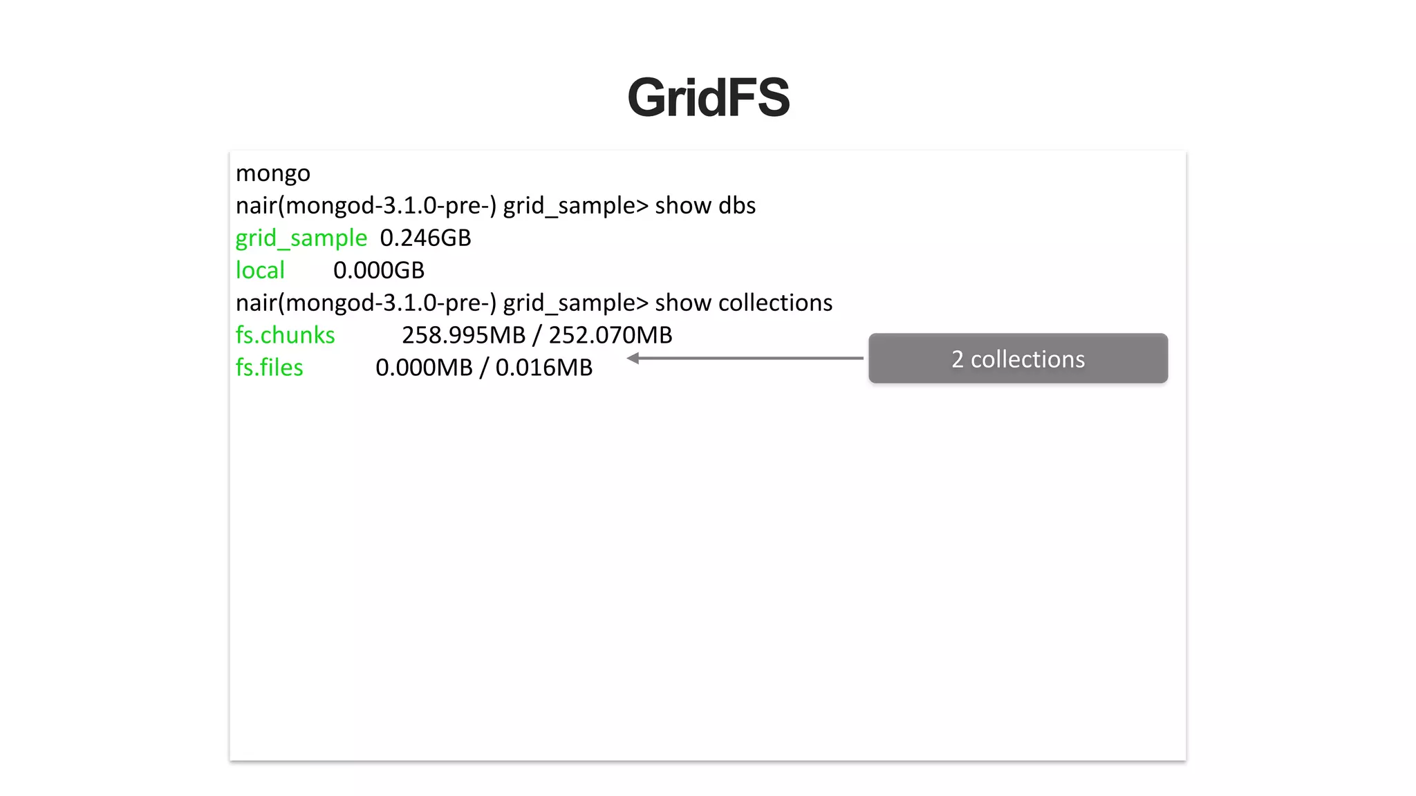 GridFS
mongo	
  
nair(mongod-­‐3.1.0-­‐pre-­‐)	
  grid_sample>	
  show	
  dbs	
  
grid_sample	
  	
  0.246GB	
  
local	
  	
  	
  	
  	
  	
  	
  	
  0.000GB	
  
nair(mongod-­‐3.1.0-­‐pre-­‐)	
  grid_sample>	
  show	
  collections	
  
fs.chunks	
  	
  	
  	
  	
  	
  	
  	
  	
  	
  	
  258.995MB	
  /	
  252.070MB	
  
fs.files	
  	
  	
  	
  	
  	
  	
  	
  	
  	
  	
  	
  0.000MB	
  /	
  0.016MB	
   2	
  collections
 