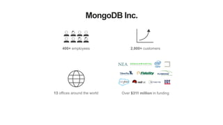 MongoDB Inc.
400+ employees 2,000+ customers
Over $311 million in funding13 offices around the world
 