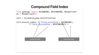 Compound Field Index
from pymongo import ASCENDING, DESCENDING, MongoClient
mc = MongoClient()
!
coll = mc.madrid_pug.testcollection
!
coll.ensure_index( [('field_ascending', ASCENDING),
('field_descending', DESCENDING)] )
indexed	
  fields indexing	
  order
 