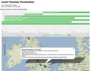 Visualisation Prototype
Using Timemap –
– Googlemaps and
Simile
– http://code.google.com/p/time
map/
Early stages with this
Will give location and
‘extent’ of archive.
Will link through to
Archives Hub
 