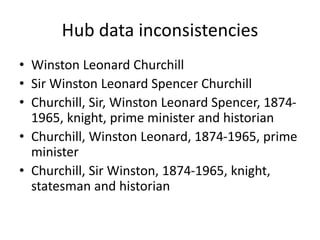 Hub data inconsistencies
• Winston Leonard Churchill
• Sir Winston Leonard Spencer Churchill
• Churchill, Sir, Winston Leonard Spencer, 1874-
1965, knight, prime minister and historian
• Churchill, Winston Leonard, 1874-1965, prime
minister
• Churchill, Sir Winston, 1874-
1965, knight, statesman and historian
 