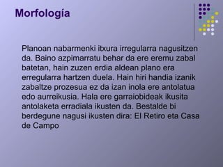 Morfología
Planoan nabarmenki itxura irregularra nagusitzen
da. Baino azpimarratu behar da ere eremu zabal
batetan, hain zuzen erdia aldean plano era
erregularra hartzen duela. Hain hiri handia izanik
zabaltze prozesua ez da izan inola ere antolatua
edo aurreikusia. Hala ere garraiobideak ikusita
antolaketa erradiala ikusten da. Bestalde bi
berdegune nagusi ikusten dira: El Retiro eta Casa
de Campo
 