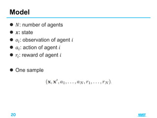 20
 𝑁: number of agents
 𝒙: state
 𝑜𝑖: observation of agent 𝑖
 𝑎𝑖: action of agent 𝑖
 𝑟𝑖: reward of agent 𝑖
 One sample
Model
 