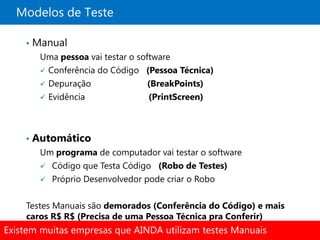Modelos de Teste

    •   Manual
         Uma pessoa vai testar o software
          Conferência do Código (Pessoa Técnica)
          Depuração                (BreakPoints)
          Evidência                (PrintScreen)



    •   Automático
         Um programa de computador vai testar o software
          Código que Testa Código (Robo de Testes)
          Próprio Desenvolvedor pode criar o Robo


    Testes Manuais são demorados (Conferência do Código) e mais
    caros R$ R$ (Precisa de uma Pessoa Técnica pra Conferir)
Existem muitas empresas que AINDA utilizam testes Manuais
 