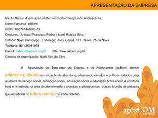 APRESENTAÇÃO DA EMPRESA Razão Social: Associaçao de Bem-estar da Criança e do Adolescente Nome Fantasia: asBem CNPJ: 888741440001-18 Diretores:  Antoalci Francisco Pedro e Noeli Rott da Silva Cidade: Novo Hamburgo  Endereço: Rua Guarujá, 171  Bairro: Pátria Nova Telefone: (51) 35931978 E-mail:  [email_address]   Site: www.asbem.org.br Contato da organização: Noeli Rott da Silva A  Associação de Bem-estar da Criança e do Adolescente (asBem) atende  crianças e jovens  em situação de abandono, oferecendo estudos e práticas voltados para as áreas de serviço social, promoção social, educação social e educação profissional. A entidade hoje é referência na área de atendimento a crianças e adolescentes, graças à união de pessoas que acreditam no  futuro melhor  de cada cidadão. 