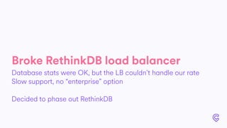 Broke RethinkDB load balancer
Database stats were OK, but the LB couldn’t handle our rate
Slow support, no “enterprise” option
Decided to phase out RethinkDB
 