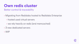 Own redis cluster
‣ Migrating from Redislabs hosted to Redislabs Enterprise
‣ hosted used virtual servers
‣ we rely heavily on redis (and memcached)
‣ 3 new dedicated servers
‣ WIP
Better control & traceability
 
