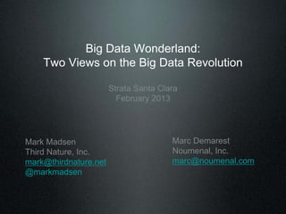 Big Data Wonderland:
Two Views on the Big Data Revolution
Mark Madsen
Third Nature, Inc.
mark@thirdnature.net
@markmadsen
Marc Demarest
Noumenal, Inc.
marc@noumenal.com
Strata Santa Clara
February 2013
 