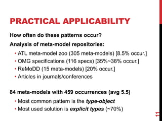 PRACTICAL APPLICABILITY
How often do these patterns occur?
Analysis of meta-model repositories:
• ATL meta-model zoo (305 meta-models) [8.5% occur.]
• OMG specifications (116 specs) [35%~38% occur.]
• ReMoDD (15 meta-models) [20% occur.]
• Articles in journals/conferences
84 meta-models with 459 occurrences (avg 5.5)
• Most common pattern is the type-object
• Most used solution is explicit types (~70%)
11
 