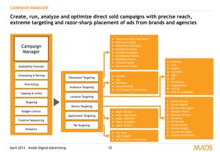 April 2013 – Inside Digital Advertising
Campaign
Manager
CAMPAIGN MANAGER
Create, run, analyze and optimize direct sold campaigns with precise reach,
extreme targeting and razor-sharp placement of ads from brands and agencies
Scheduling & Parting
Prioritizing
Capping & Limits
Targeting
Budget Control
Creative Sequencing
Availability Forecast
Analytics
Placement Targeting
Location Targeting
Device Targeting
Audience Targeting
AppContext Targeting
Re-Targeting
▶  Placement Size/IAB Name
▶  Placement Type
▶  Placement Category
▶  Content Country
▶  Content Category
▶  Ad Network Name
▶  Publisher Name
▶  Channel Name
▶  Placement Name
▶  Device Brand
▶  Device Model
▶  Device User Agent
▶  Browser Name
▶  Browser Version
▶  OS Name
▶  OS Version
▶  Screen Width
▶  Screen Height
▶  Connection Type
▶  Display Orientation
▶  Country
▶  City
▶  Region
▶  Zipcodes
▶  DMA
▶  ISP
▶  IP Address
▶  Organisation
▶  Cell ID
▶  GPS Co-ordinates
▶  Gender
▶  Age
▶  Interests
▶  Householding
▶  Ad Category Preferences
▶  Apps: Gender
▶  Apps: Age Group
▶  Apps: Interests
▶  Apps: Installed
▶  Apps: Brands
▶  Ads Seen
▶  Ads Clicked
▶  All devices in household
12
 