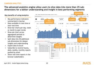April 2013 – Inside Digital Advertising
CAMPAIGN ANALYTICS
The advanced analytics engine allow users to slice data into more than 25 sub-
dimensions for a better understanding and insight in best performing segments
Key benefits of using Analytics
•  Key performance indicators
summarized in top bar
•  Data available in real-time or
near-real-time
•  Draw bar charts per day, week
or month to spot trends
•  Draw pie chart across
aggregated periods to
determine weights
•  Split data into 30 additional
sub-dimensions for deeper
insights and understanding
•  Export data to Excel
•  Subscribe to receive hourly,
daily, weekly, monthly reports
pushed by email
•  Share real-time reports in the
browser stakeholders
20
Export Share
Schedule
30
Dimensions
Key
statistics
Data by
Hour
 