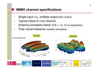 8

       MIMO channel specifications

       Single input (Tx), multiple output (Rx1 & Rx2)
       Typical Urban 6 (TU6) channel
       Antenna correlation factor: 0.5 (~ 12..15 cm separation)
       Time variant behavior (mobility simulation)

                     20 km/h                        120 km/h
Channel response
 