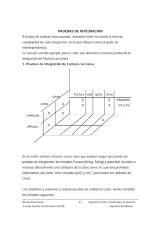 PRUEBAS DE INTEGRACIÓN
A la hora de realizar estas pruebas, debemos tener en cuenta el nivel de
complejidad de cada integración, en lo que influye mucho el grado de
interdependencia.
En nuestro sencillo ejemplo, parece claro que debemos comenzar probando la
integración de Factura con Linea.
1. Pruebas de integración de Factura con Linea.




                                         Factura add quitar show
                           show
                                             X                      X       mNumero
                Linea              X         X                      X        mFecha

                      X            X
   mArticulo
                                                              X
                      X
   mPrecio




En la matriz anterior notamos cosas raras que impiden seguir ejecutando las
pruebas de integración: los métodos Factura(String, String) y quitar(int) acceden a
mLineas directamente a los atributos de la clase Linea, lo cual está prohibido.
Deberíamos, por tanto, tener métodos get() y set(--) para todos los atributos de
Linea.


Los añadimos y volvemos a realizar pruebas de unidad en Linea. Hemos añadido
los métodos siguientes:

Macario Polo Usaola                        11    Ingeniería Técnica en Informática de Sistemas.
Escuela Superior de Informática (UCLM)                               Ingeniería del Software.
 