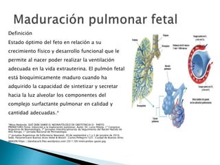 Definición
Estado óptimo del feto en relación a su
crecimiento físico y desarrollo funcional que le
permite al nacer poder realizar la ventilación
adecuada en la vida extrauterina. El pulmón fetal
está bioquímicamente maduro cuando ha
adquirido la capacidad de sintetizar y secretar
hacia la luz alveolar los componentes del
complejo surfactante pulmonar en calidad y
cantidad adecuadas.*
*Mesa Redonda: QUÉ DEBE SABER EL NEONATÓLOGO DE OBSTETRICIA (I) ‐ PARTO
PREMATURO,Tema: Inducción a la maduración pulmonar, Autor: Dr. Lucio Ribola, 1º Congreso
Argentino de Neonatología, 7º Jornadas Interdisciplinarias de Seguimiento del Recién Nacido de
Alto Riesgo, 1º Jornada Nacional de Perinatología
1º Jornadas Argentinas de Enfermería Neonatal, 30 de septiembre y 1 y 2 de octubre de 2010,
Sede: Panamericano Buenos Aires Hotel & Resort ‐ Carlos Pellegrini 525 ‐ Ciudad de Buenos Aires
IMAGEN:https://dandiacarb.files.wordpress.com/2011/09/intercambio-gases.jpg
 