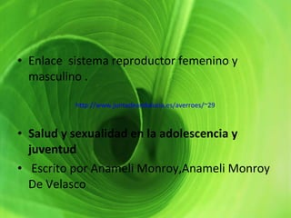 Enlace  sistema reproductor femenino y masculino . Salud y sexualidad en la adolescencia y juventud   Escrito por Anameli Monroy,Anameli Monroy De Velasco http://www.juntadeandalucia.es/averroes/~29701428/salud/ssvv/repro3.htm 