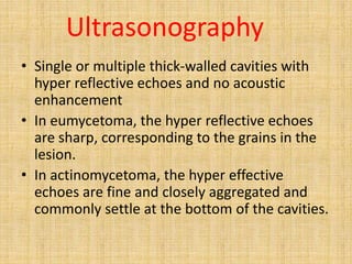 Ultrasonography
• Single or multiple thick-walled cavities with
hyper reflective echoes and no acoustic
enhancement
• In eumycetoma, the hyper reflective echoes
are sharp, corresponding to the grains in the
lesion.
• In actinomycetoma, the hyper effective
echoes are fine and closely aggregated and
commonly settle at the bottom of the cavities.
 