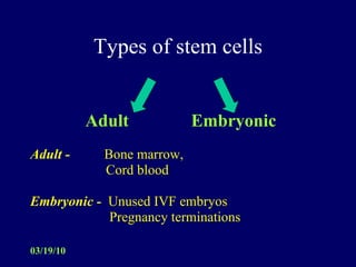 Types of stem cells Adult  Embryonic Adult -   Bone marrow,  Cord blood Embryonic -   Unused IVF embryos Pregnancy terminations 
