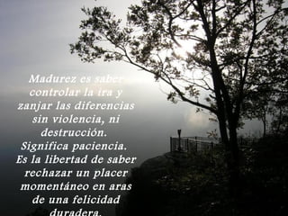 Madurez es saber
   controlar la ira y
zanjar las diferencias
    sin violencia, ni
      destrucción.
 Significa paciencia.
Es la libertad de saber
  rechazar un placer
 momentáneo en aras
   de una felicidad
 