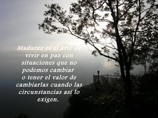 Madurez es el arte de
   vivir en paz con
  situaciones que no
  podemos cambiar
  o tener el valor de
cambiarlas cuando las
 circunstancias así lo
       exigen.
 