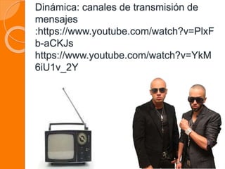 Dinámica: canales de transmisión de
mensajes
:https://www.youtube.com/watch?v=PlxF
b-aCKJs
https://www.youtube.com/watch?v=YkM
6iU1v_2Y
 