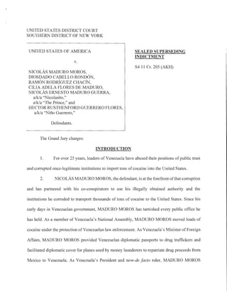 UNITED STATES DISTRICT COURT
SOUTHERN DISTRICT OF NEW YORK
UNITED STATES OF AMERICA
V.
NICOLAS MADURO MOROS,
DIOSDADO CABE...