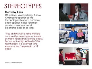The Techy Asian
Oftentimes in advertising, Asians
Americans appear as the
technological experts and most
often appear in ads for smart
phones, computers and
electronic gear of all kinds
“You’d think we’d have moved
on from the stereotype of Asians
as math nerds and science geeks.
But no, not really. With all of this
technology, it’s evolved into
Asians as the ‘help desk’ or ‘IT
geek.’
Source: Qualitative Interviews
STEREOTYPES
 