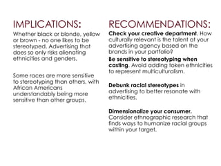 IMPLICATIONS:
Whether black or blonde, yellow
or brown - no one likes to be
stereotyped. Advertising that
does so only risks alienating
ethnicities and genders.
!
Some races are more sensitive
to stereotyping than others, with
African Americans
understandably being more
sensitive than other groups.
RECOMMENDATIONS:
Check your creative department. How
culturally relevant is the talent at your
advertising agency based on the
brands in your portfolio?
Be sensitive to stereotyping when
casting. Avoid adding token ethnicities
to represent multiculturalism.
!
Debunk racial stereotypes in
advertising to better resonate with
ethnicities.
!
Dimensionalize your consumer.
Consider ethnographic research that
finds ways to humanize racial groups
within your target.
 