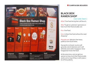 ✸ CAMPAIGN BOARDS




BLACK BOX
RAMEN SHOP
                     { our vote: best }
What? Free food during their soft launch.

Why? To get to customers’ opinion(s) on
how much their food actually cost.

Pros: Free food.

Cons: Is there free food without the need
of paying?

Plausiple rate: 85% plus free heavy
publicity from local media.

Having this no brand, no price will
generate a lot of attention and it will
defintely work well in Singapore. Since
Singaporean loves free food!

At the same time, one can get true
opinion on how much their food actually
worth, and on top of that, it will create a
lot of free publicity.
 