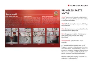 ✸ CAMPAIGN BOARDS


PRINGLES’ TASTE
MYTH
What? Mixing of two existing Pringles flavours
making it a new one. Getting consumers to taste
it with them blindfolded.

Why? Whether mixing two flavours will trick you
into a new taste.

Pros: Getting consumers curious about how the
combined flavours really taste.

Cons: Singaporean might be a little skeptical
when tasting new products while being
blindfolded.

Plausiple rate: 65% with online media
coverage.

It is possible for such campaign to be run in
Singapore, because similar campaign have been
conducted before. But blindfolding a person is a
pretty new concept in Singapore hence minority
of Singaporean might be a little skeptical when
tasting something while being blidnfolded.

Hence launching this campaign is possible but
might face a little skepticism.
 