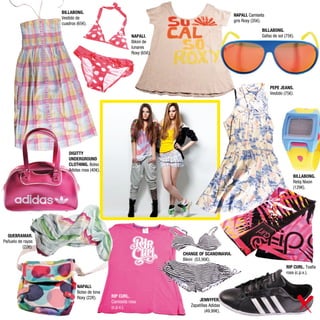 BILLABONG.
                                                                                             NAPALI. Camiseta
                   Vestido de
                                                                                             gris Roxy (35€).
                   cuadros (65€).
                                                                                                           BILLABONG.
                                                      NAPALI.                                              Gafas de sol (75€).
                                                      Bikini de
                                                      lunares
                                                      Roxy (65€).




                                                                                                                PEPE JEANS.
                                                                                                                Vestido (75€).




                       DIGITTY
                       UNDERGROUND
                       CLOTHING. Bolso
                       Adidas rosa (40€).
                                                                                                                             BILLABONG.
                                                                                                                             Reloj Nixon
                                                                                                                             (129€).




  QUEBRAMAR.
Pañuelo de rayas
          (22€).
                                                                    CHANGE OF SCANDINAVIA.
                                                                    Bikini (53,90€).
                                                                                                                         RIP CURL. Toalla
                                                                                                                         rosa (c.p.v.).


                           NAPALI.
                           Bolso de lona
                           Roxy (22€).      RIP CURL.
                                            Camiseta rosa                  JENNYFER.
                                            (c.p.v.).                  Zapatillas Adidas
                                                                               (49,99€).
 