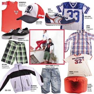 MODA                 SPRINGFIELD.
                     Camiseta sin
                     mangas (c.p.v.).

                                                                        GEOX.
                                                                        Zapatillas
                                                                        azules (c.p.v.).

                                                                                                                ÁREA ZERO.
                                                                                                                Camiseta (45€).

                                                     ÁREA ZERO.
                                                     Gorra (16€).
                                                                                                                   LEVI’S
                                                                                                                   STORE.
                                                                                                                   Chubasquero
                                                                                                                   (115€).




                    CARHARTT.
                    Zapatillas Vans (80€).




RIP CURL.
Bermudas de                                                         JACK & JONES. Bermudas
cuadros (c.p.v.).                                                   vaqueras (39,95€).


                                                                                             INSIDE. Camiseta
                                                                                             (12,99€).




                                                                                                                     A LOJA
                                             POLINESIA.                                                              DO GATO
                                             Chaqueta con                                                            PRETO.
                                             cremallera                                                              Puf rojo
     32-33                                   (c.p.v.).                                                               (49,90€).
 