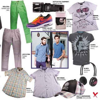 DACTILAR FULL EQUIPMENT.
                                                            Cinturón (52,50€).

  ÁREA ZERO.
Pantalón verde
         (36€).


                                                                                                                                      PRIMARK.
                                                                                                                                      Camiseta
                                                                                         PERFUMES                                     blanca (4€).
                                                                                         Y CIA.
                                                                                         Perfume
                                                                                         Gucci Guilty
                                                                                         (65,70€).
                                         STREET GALLERY.
                                         Zapatillas Air Max (135€).




                                                                                                                                  BLANCO.
                                                                                                                                  Camiseta gris
                                                                                                                                  (c.p.v.).



                  LEVI’S STORE.
                  Pantalón
                  (99€).




                                                                                                                    BLANCO.
                                                                                                                    Auriculares
                                                                                                                    (c.p.v.).



                                                                      NEW YORKER.
                                                                      Camisa (24,95€).




                        NAPALI.
                        Camisa de
                        cuadros (65€).

                                                                                                        DIGITTY UNDERGROUND
                                                                                                        CLOTHING. Gorra (33,50€).
 