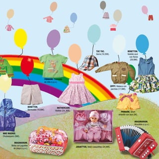 TUC TUC.                               BENETTON.
                                                                                                  Gorra (10,35€).                        Vestido azul
                                                                                                                                           con flores
                                                                                                                                            (29,99€).




                                             PRIMARK. Camiseta
                                             de niño (c.p.v.).
                                                                                                                    ZIPPY. Rebeca con
                                                                                                                     parches (17,99€).




                            BENETTON.                    MOTHERCARE.
                            Bermudas (16,99€).         Vestido (24,,90€).
                                                                                                                               PRIMARK. Short
                                                                                                                             amarillo con lazo (5€).


                                                                                                                                                 IMAGINARIUM.
                                                                                                                                                 Acordeón (c.p.v.).


NIKE MADRID.
Chubasquero (56€).

            IMAGINARIUM.
         Bolsa con juguetes
                                                                            JUGUETTOS. Bebé cosquillitas (24,99€).
           de playa (c.p.v.).
 