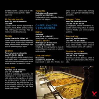 bocadillos crujientes y jugosas piezas de pollo         Telepizza                                        amplio surtido de bollería, tartas, tartitas y
con rebozado especial. ¡Súmate a la doble               Planta baja, zona de restauración.               gofres, y una gran variedad de bocadillos y
experiencia!                                            Local 079. Tel.: 916 479 851.                    sándwiches.
                                                        Prueba nuestros menús y ofertas 2x1.Telepizza
El Rey del Kebab                                        es mucho más que pizza.                          Häagen Dazs
Planta baja, zona de restauración.                                                                       Planta alta, zona de restauración.
Local K006.                                                                                              Local 285. Tel.: 916 482 138.
La mejor comida libanesa. Especialidad en               CAFÉS, DULCES                                    En Häagen Dazs creamos momentos tan es-
shawarma, kebab, falafel, pinchos morunos,              Y HELADERÍAS                                     peciales como tú. Ven y disfruta de nuestros
kébé, baklawa y para terminar qué mejor que                                                              exclusivos helados y de nuestra exquisita
nuestros famosos dulces libaneses.                      Belros                                           pastelería.
                                                        Planta baja.
Rodilla                                                 Local 130. Tel.: 916 479 877.                    Rosco King
Locales 116 y 199. Tel.: 916 482 465.                   Dulce y salado para todos los públicos.          Planta baja, zona de restauración.
Prueba nuestros sándwiches y bocadillos fríos y         Ben & Jerry’s                                    Local K003. Tel.: 916 479 784.
calientes, y no te pierdas nuestros sándwiches          Planta baja, zona de restauración.               Prueba la más exquisita repostería americana
fussion, nuestros famosos enrollados y el mejor         Local K004. Tel.: 670 201 966.                   en una extensa variedad y nuestro surtido de
buffet de ensaladas para que repitas.                   Visita Ben & Jerry´s y recuerda: los trozos de   helados, chocolate caliente, café y bebidas.
                                                        nuestros helados no son grandes, es tu boca la
Spoleto                                                 que es pequeña.                                  Starbucks Coffee
Planta baja, zona de restauración.                                                                       Planta baja, zona de restauración.
Local 075. Tel.: 916 482 242.                           Café de Indias                                   Local 056. Tel.: 912 751 433.
La más amplia gama de pasta (spaguetti, maca-           Plaza Xanadú.                                    Brindamos un servicio Starbucks a todo el
rroni, tortellini, ravioli…) cocinada ante ti con los   Local K010. Tel.: 609 178 997.                   mundo con la selección de nuestros mejores
mejores ingredientes naturales, con un amplio           Especialidad en café, té y helados con           cafés.
surtido de salsas y un servicio ágil y eficaz.

Taco Bell
Planta baja, zona de restauración.
Local 124. Tel.: 916 689 386
La oferta de productos que propone Taco Bell
está inspirada en comida mexicana con un
estilo californiano. Con ingredientes de calidad
que aportan una gran variedad de sabores,
aromas y texturas, que podrás disfrutar en un
ambiente divertido y diferente. Ven y disfruta
de una experiencia única en Taco Bell. ¡Piensa
distinto, come distinto!



                                                          Muerde la Pasta
 