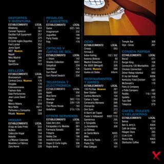 DEPORTES                           REGALOS
Y AVENTURA                         Y JUGUETES
ESTABLECIMIENTO            LOCAL   ESTABLECIMIENTO            LOCAL
Billabong                    353   Game                     022 / 345
Coronel Tapiocca             381   Imaginarium                    332
Dactilar Full Equipment      257   Juguettos                      146
Décimas                      225   Party Fiesta                   194
El Corte Inglés Deportes     312   Poly                           178   OCIO                              Temple Bar                  308
Foot Locker                  052                                        ESTABLECIMIENTO         LOCAL     Vips - Ginos                267
Joma Sport                   341   ÓPTICAS Y                            Cinesa                    093
MBT Nuevo                    389   GAFAS DE SOL                         Fórmula 0                         COMIDA RÁPIDA
Napali                       351   ESTABLECIMIENTO            LOCAL     Indoor Karting        102 / 302   ESTABLECIMIENTO          LOCAL
Nike Madrid                  346   + Vision                     142     Ilusiona (Bolera)            89   Boca2                        071
Ranger                       141   Shades Collection           K001     Madrid SnowZone             310   Burger King                  108
SportZone                    053   Soloptical                   259     Par 8000 (Minigolf)         308   Cervecería 100 Montaditos 291
                                   Solvisión                    126     Queens Nuevo                090   Chicken Connection           077
BELLEZA                            Sun Planet                   054     Vuelos en Globo          Inform   Döner Kebap Istanbul         085
ESTABLECIMIENTO            LOCAL
                                   Sun Planet Swatch            330                                       El rey del Kebab           K006
Broncearium                  069
                                                                        RESTAURANTES                      Kentucky Fried Chicken       120
Centros Único Nuevo          176
                                   TELEFONÍA Y                          Y BARES                           McDonald’s                   118
Douglas                      170
                                   ELECTRÓNICA                          ESTABLECIMIENTO        LOCAL      Pans & Company
Extensionmanía               339
                                   ESTABLECIMIENTO            LOCAL     100 Pizzitas Nuevo        281     y Pollo Campero              081
Fashion Kids                 385
                                   Apple                          350   Beer Station              302     Rodilla                116 / 199
Gala Perfumeries             039
Jean Louis David             398   Blue:Sens                      159   Cantina Mariachi          104     Spoleto                      075
Kiko                         211   Movistar                 393 / 133   Cañas y Tapas             269
                                                                                                          Taco Bell                    124
Marco Aldany                 059   Orange                   339 / 128   Cervecería Alemana        099
                                                                                                          Telepizza                    079
Nice Nails                  K011   The Phone House                165   Chimarrâo                 265
Perfumes y Compañía          394   Vodafone                 215 / 135   Dim Sum                   273
                                                                                                          CAFÉS, DULCES
Rituals Nuevo                328                                        El Barril del Tapeo       097
                                                                                                          Y HELADERÍAS
                                   OTROS SERVICIOS                      Foster’s Hollywood  K007 /110
                                                                                                          ESTABLECIMIENTO          LOCAL
HOGAR                              ESTABLECIMIENTO            LOCAL     Gambrinus                 295
                                                                                                          Belros                     130
ESTABLECIMIENTO            LOCAL   Casa del Libro               031     Il Tempietto              114
                                                                                                          Ben & Jerry’s             K004
A loja do Gato Preto         055   Escapadas a tu Medida        061     La Amstelería             308
                                   Farmacia Xanadú              390                                       Café de Indias            K010
Butlers                      005                                        La Dehesa
                                   Fotoprix                     067     de Santa María          K005      Häagen Dazs                285
Colección Hogar              144
Italsofa                     336   Hobby Zoo                    186     Mills                     277     LLao LLao                  122
La Maison Coloniale          198   Inmoferrocarril              151     Muerde la Pasta           271     Rosco King                K003
Muebles La Fábrica           149   Viajes El Corte Inglés       306     Pasta City                106     Starbucks Coffee           056
Zara Home                    228   Viajes Iberia                132     Rías Galegas              101
 