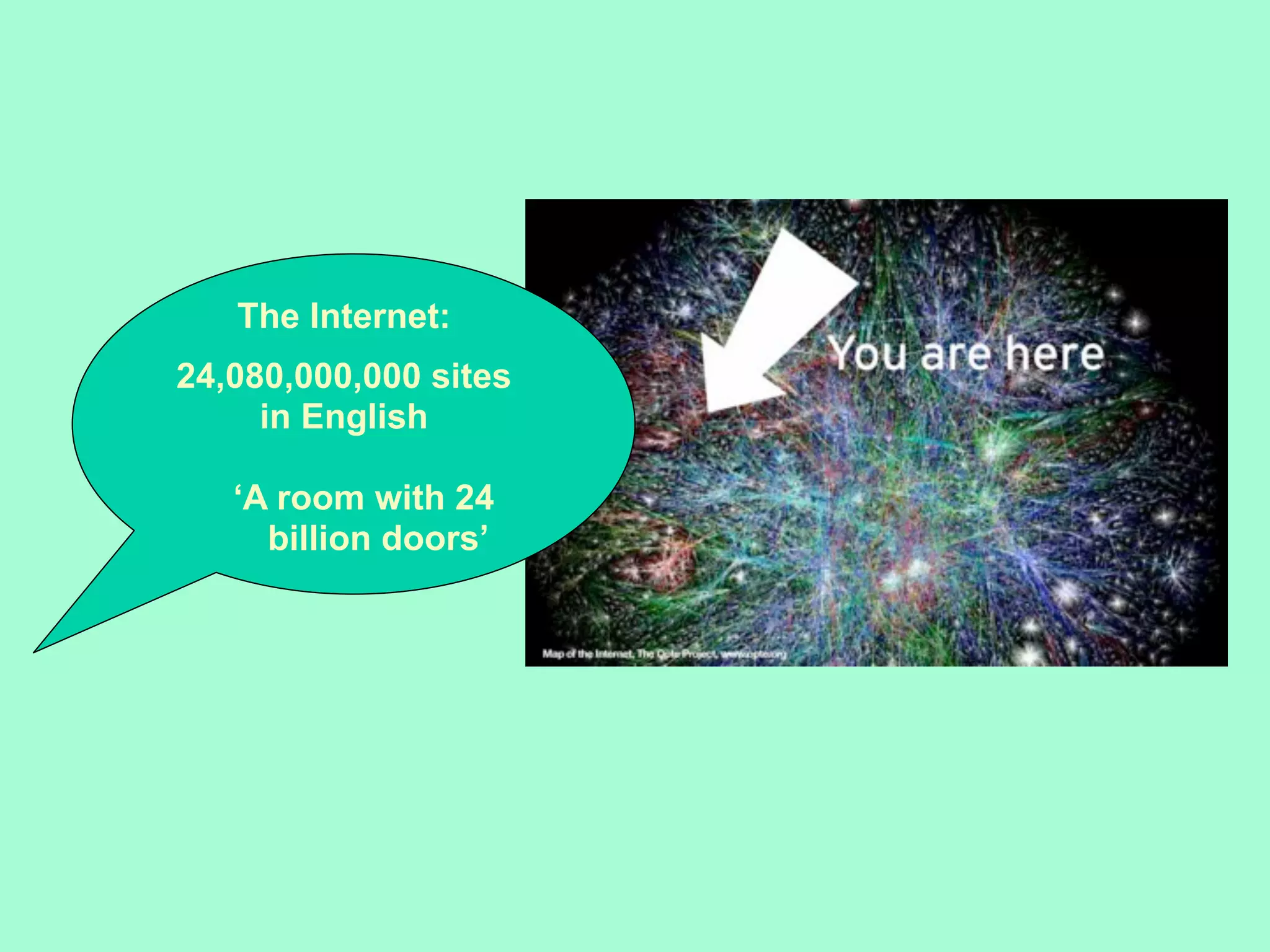 The Internet:
24,080,000,000 sites
     in English

   ‘A room with 24
     billion doors’
 