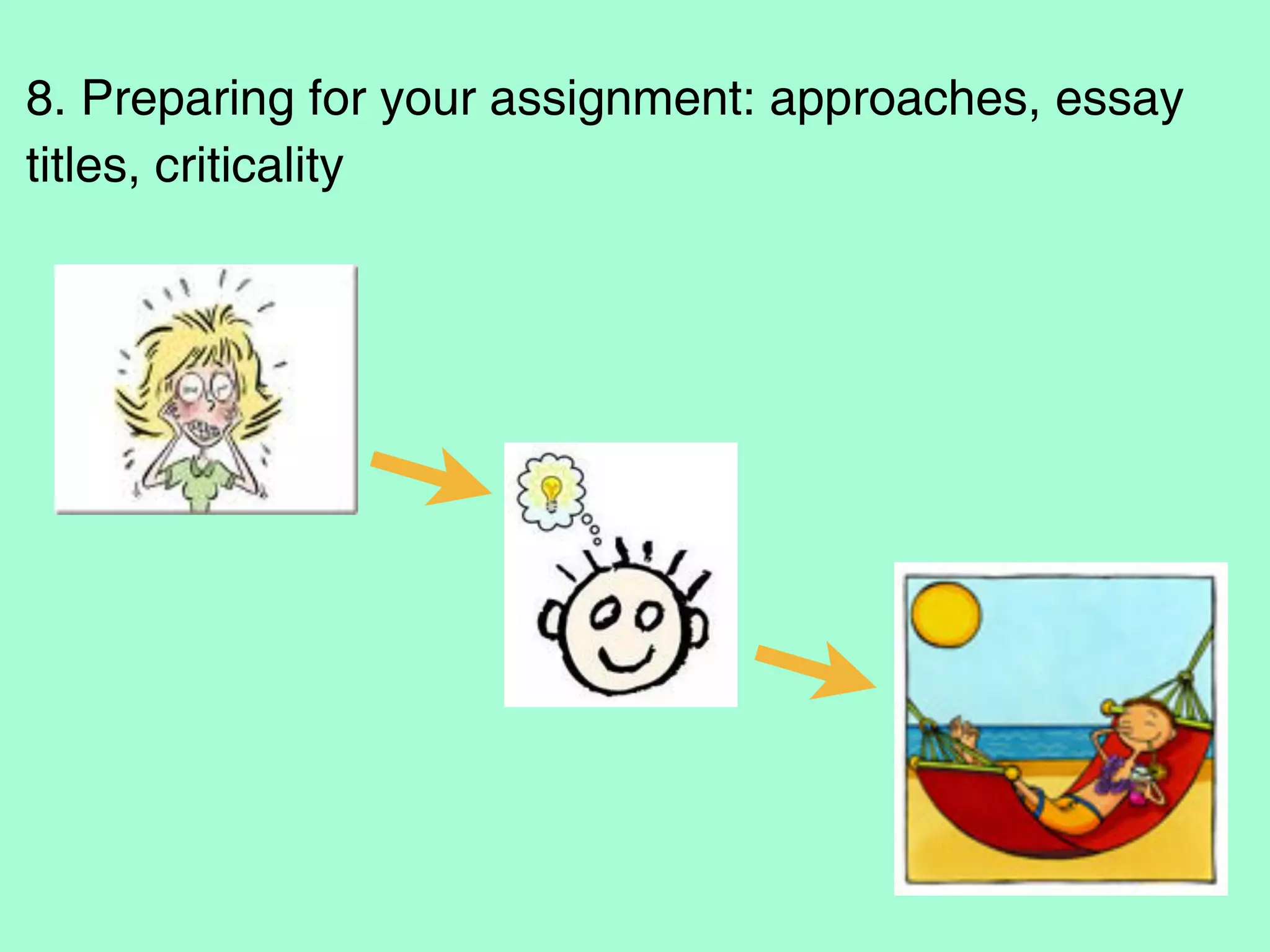8. Preparing for your assignment: approaches, essay
titles, criticality
 