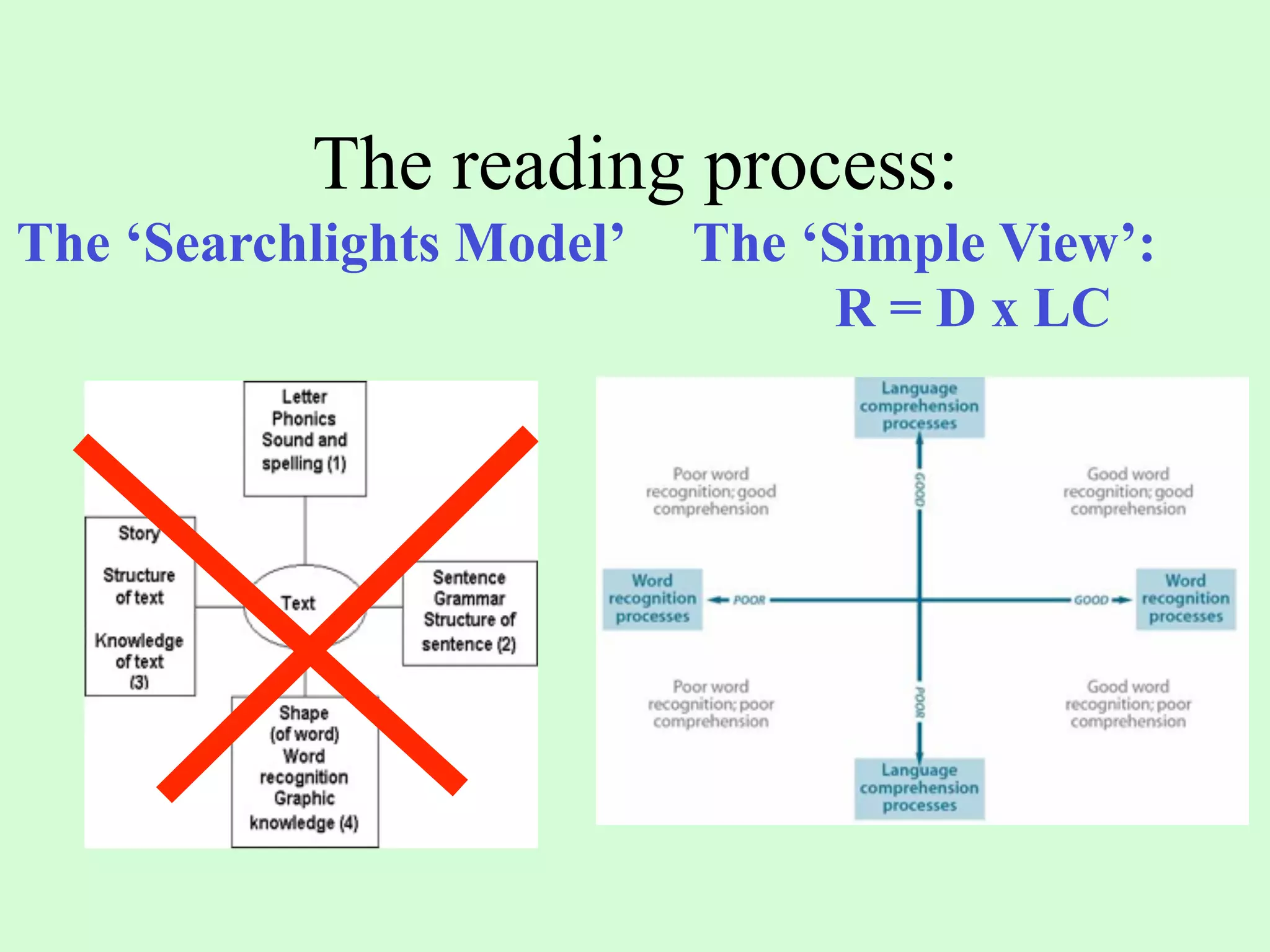The reading process:
The ‘Searchlights Model’   The ‘Simple View’:
                                R = D x LC
 