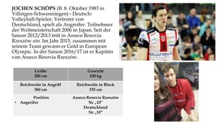 JOCHEN SCHÖPS (B. 8. Oktober 1983 in
Villingen-Schwenningen) - Deutsch-
Volleyball-Spieler, Vertreter von
Deutschland, spielt als Angreifer. Teilnehmer
der Weltmeisterschaft 2006 in Japan. Seit der
Saison 2012/2013 tritt in Asseco Resovia
Rzeszów ein. Im Jahr 2015, zusammen mit
seinem Team gewann er Gold in European
Olympic. In der Saison 2016/17 ist er Kapitän
von Asseco Resovia Rzeszów.
Größe
200 cm
Gewicht
100 kg
Reichweite in Angriff
360 cm
Reichweite in Block
335 cm
Position
• Angreifer
Asseco Resovia Rzeszów
Nr „10”
Deutschland
Nr „10”
 