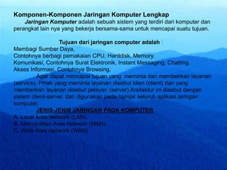 Komponen-Komponen Jaringan Komputer Lengkap
Jaringan Komputer adalah sebuah sistem yang terdiri dari komputer dan
perangkat lain nya yang bekerja bersama-sama untuk mencapai suatu tujuan.
Tujuan dari jaringan computer adalah :
Membagi Sumber Daya,
Contohnya berbagi pemakaian CPU, Harddisk, Memory.
Komunikasi, Contohnya Surat Elektronik, Instant Messaging, Chatting.
Akses Informasi, Contohnya Browsing.
Agar dapat mencapai tujuan yang meminta dan memberikan layanan
(service). Pihak yang meminta layanan disebut klien (client) dan yang
memberikan layanan disebut pelayan (server).Arsitektur ini disebut dengan
sistem client-server, dan digunakan pada hampir seluruh aplikasi jaringan
komputer.
JENIS-JENIS JARINGAN PADA KOMPUTER
A. Local Area Network (LAN).
B. Metropolitan Area Network (MAN).
C. Wide Area Network (WAN).
 
