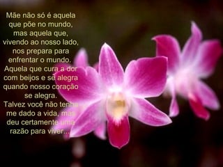 Mãe não só é aquela que põe no mundo, mas aquela que, vivendo ao nosso lado, nos prepara para enfrentar o mundo.  Aquela que cura a dor com beijos e se alegra quando nosso coração se alegra. Talvez você não tenha me dado a vida, mas deu certamente uma razão para viver...  